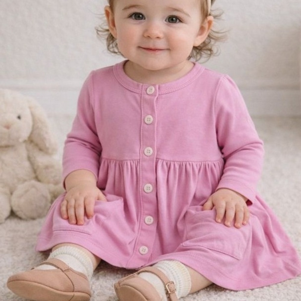 NEW Kate Quinn Bamboo BonBon 12-18M Pink Long Sleeve Button Front Pocket Dress